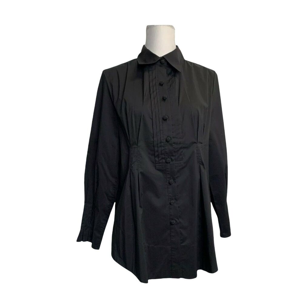 Soft Surroundings Black Button Up tunic Shirt Sz Pm A line Blouse halter neck